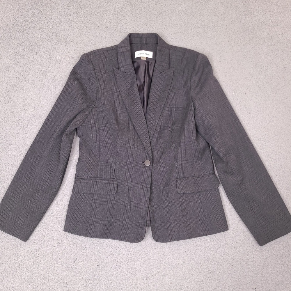 Calvin Klein Woman's Blazer Size 10 Gray‎ Plaid Office Career